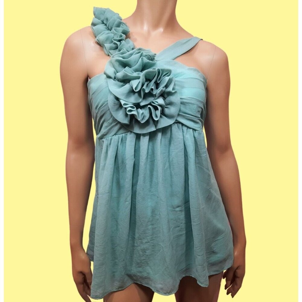 Y2K Sleeveless Babydoll Tank Top Green Ruffled Chiffon Size S Fairy Feminine